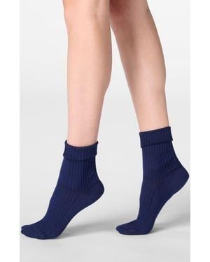 Oroblu Cotton Blend Rib Crew Socks - Blue
