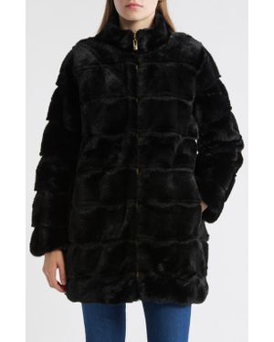 Via Spiga Wavy Reversible Faux Fur Quilted Coat - Black