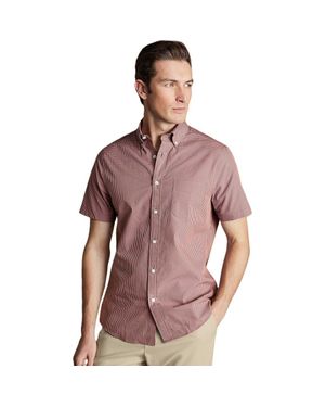 Charles Tyrwhitt Slim Fit Light Button-Down Collar Non-Iron Stretch Poplin Mini Gingham Short Sleeve Shirt - Brown