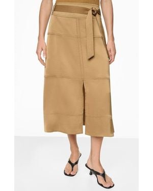DKNY Tie Waist Contrast Stitch Midi Skirt - Natural