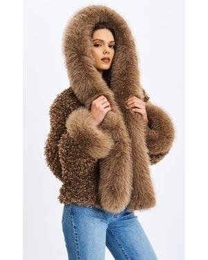 Miss Circle Faux Shearling Fur Jumbo Kali Hooded Coat - Brown