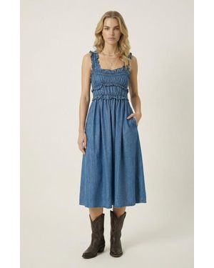 Modenaire Smocked Bodice Midi Dress With Ruffled Straps - Blue
