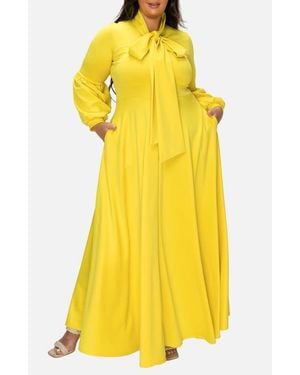 L I V D Bella Donna Long Sleeve Ribbon Tie Dress - Yellow