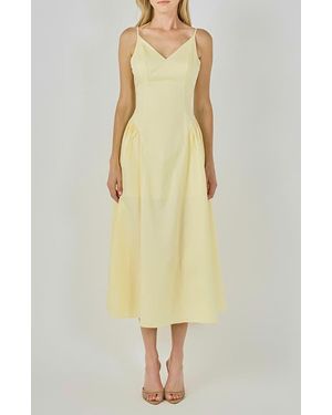 Endless Rose V-Neck Side Puff Midi Dress - Yellow