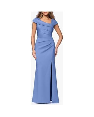 Xscape Evenings Asymmetric Neck Scuba Knit Trumpet Gown - Blue