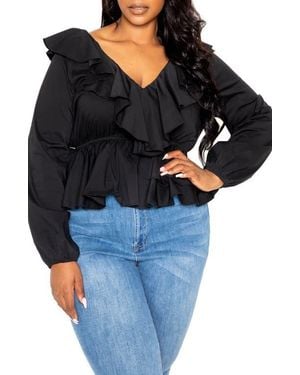 Buxom Couture Ruffle Long Sleeve Peplum Blouse - Black