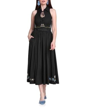 Avec Les Filles Placed Floral Embroidery Dress - Black