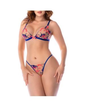 MAPALE Floral Embroidered Bralette & Thong Set - Pink