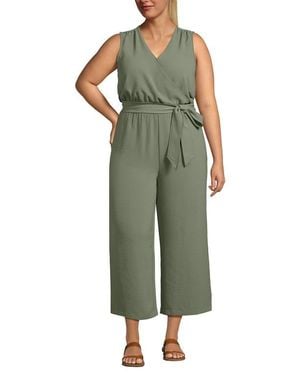 Lands' End Sleeveless Creaseless Wrap Jumpsuit With Smocked Waist - Green