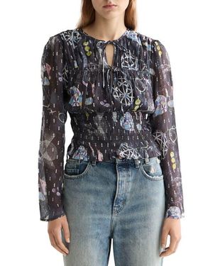 Scotch & Soda Long Sleeve Smocked Waist Chiffon Top - Gray