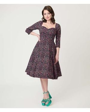 Unique Vintage Pleated Bust Swing Dress - Purple