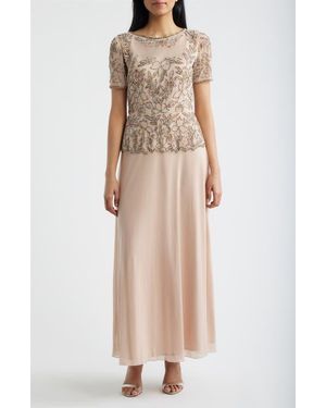 Pisarro Nights Short Sleeve Beaded Chiffon Gown - Natural