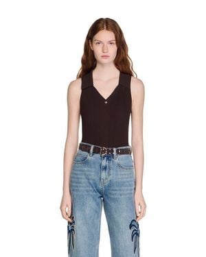 Sandro Ribbed Knit Polo Bodysuit - Blue