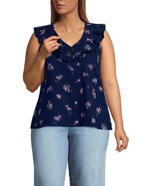 Lands' End Plus Size V Neck Cascade Ruffle Top - Blue