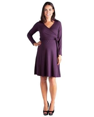 24seven Comfort Apparel Chic V-Neck Long Sleeve Belted Maternity Dress - Purple