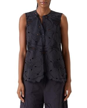 Akris Punto Flower Eyelet Sleeveless Cotton Poplin Top - Black