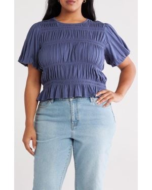 Treasure & Bond Shirred Puff Sleeve Cotton Top - Blue