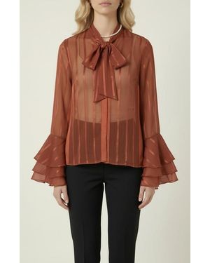 Modenaire Sheer Blouse With Tie Neck Detail And Bell Sleeves - Brown