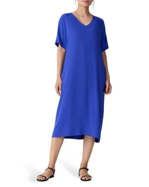 Eileen Fisher V-Neck Silk Midi Shift Dress - Blue