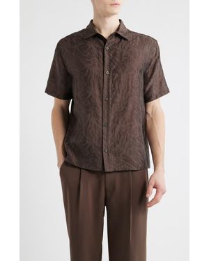 Open Edit Sunburst Jacquard Short Sleeve Button-Up Shirt - Brown