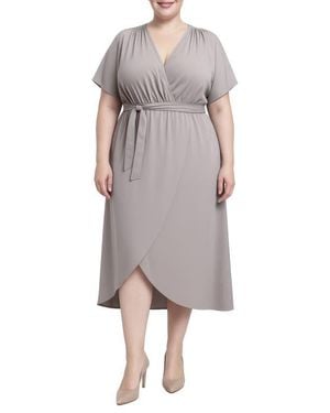 Standards & Practices Tie Front Faux Wrap Midi Dress - Gray