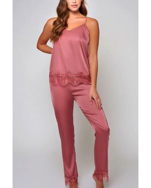 iCollection Stretch Satin Lace-Trim Pajama Set - Red