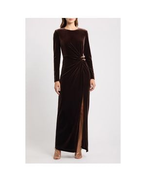 Eliza J Ruched Long Sleeve Velvet Gown - Black