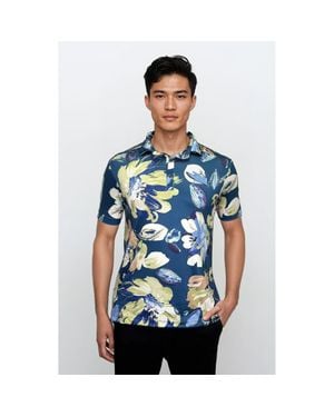 24sevenMen Wrinkle Resistant 3 Button Floral Polo Shirt - Blue