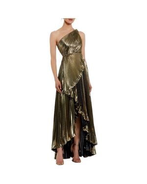 Mac Duggal Metallic Pleated Ruffle Hem One Shoulder High Low Gown - Green