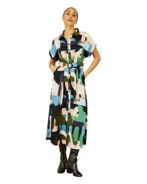 Yumi' Brushstroke Print Relaxed Shirt Dress - White