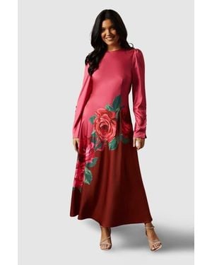 Oasis Premium Satin Placement Print Maxi Dress - Red