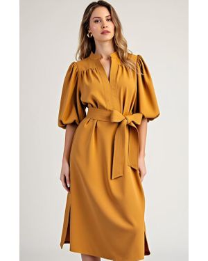 Modenaire Puff Sleeve Midi Dress With Belt - Orange