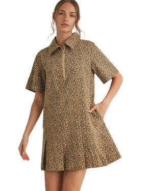 Knit & Lounge Zip Front Structured Collar Mini Dress - Brown