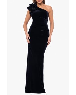 Xscape Evenings One-Shoulder Ruffle Stretch Velvet Gown - Black