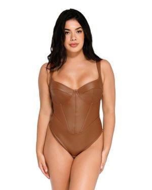 Popilush Shapewear Faux Leather Hourglass Corset Bodysuit - Brown