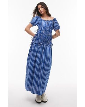 TOPSHOP Cap Sleeve Shirred Dress With Tie Sides - Blue