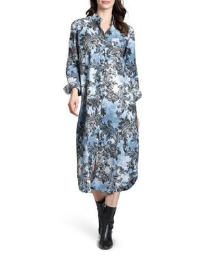 Apny Floral Print Long Sleeve Shirtdress - Blue