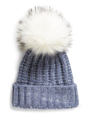 Kyi Kyi Chunky Ribbed Beanie With Faux Fur Pompom - Blue