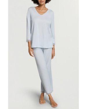 Hanro Inaya Tulle Trim Cotton Pajamas - Blue