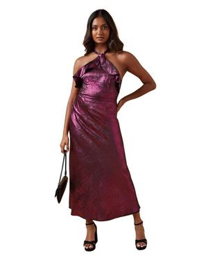 Oasis Foil Halterneck Ruffle Foil Midaxi Dress - Purple