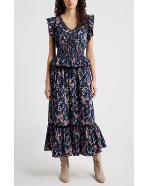 Treasure & Bond Floral Flutter Sleeve Peplum Dress - Blue