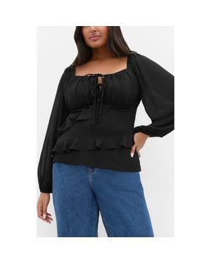 City Chic Shayla Ruffle Long Sleeve Top - Black