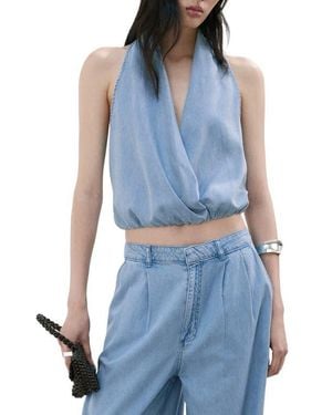Mango Drape Plunge Neck Top - Blue