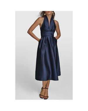Donna Karan Plunge Neck Taffeta Midi Dress - Blue