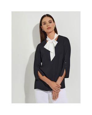 Misook Contrast Tie V-Neck Crepe De Chine Blouse - Blue