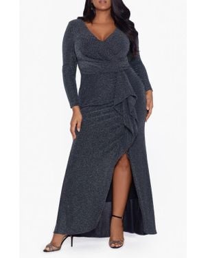Betsy & Adam Metallic Long Sleeve Ruffle Side Slit Gown - Blue
