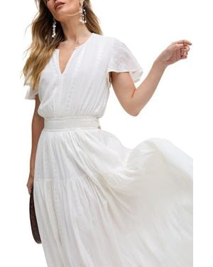 Raffya Candice Flutter Sleeve Jacquard Maxi Dress - White