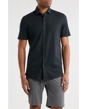 Stone Rose Solid Technical Piqué Knit Short Sleeve Button-Up Shirt - Black