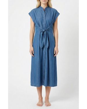 Apny Tie Front Denim Midi Shirtdress - Blue