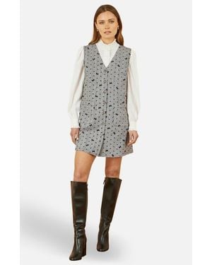 Yumi' Bow Print Button Up Pinafore Dress - Gray